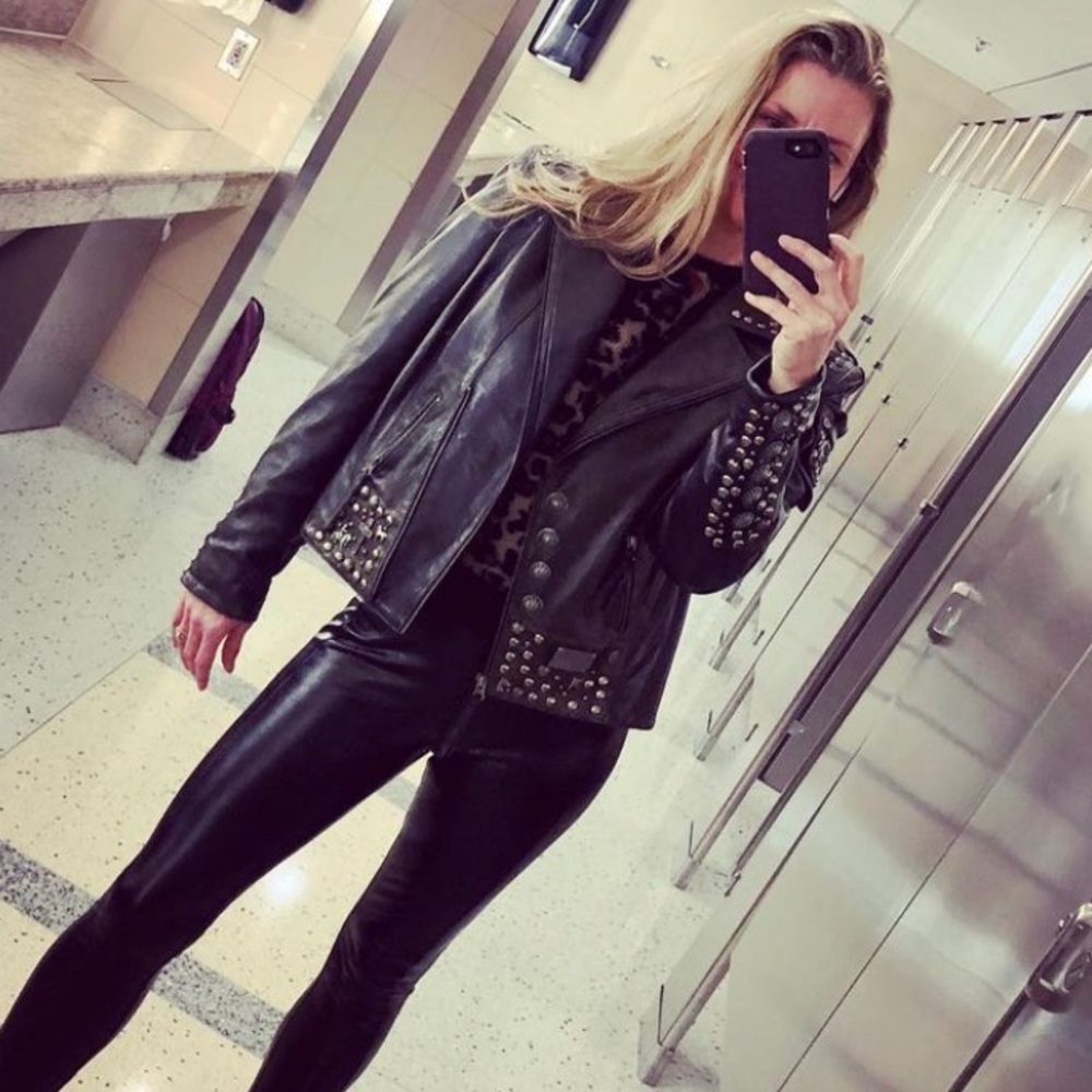 Embellished leather moto jacket